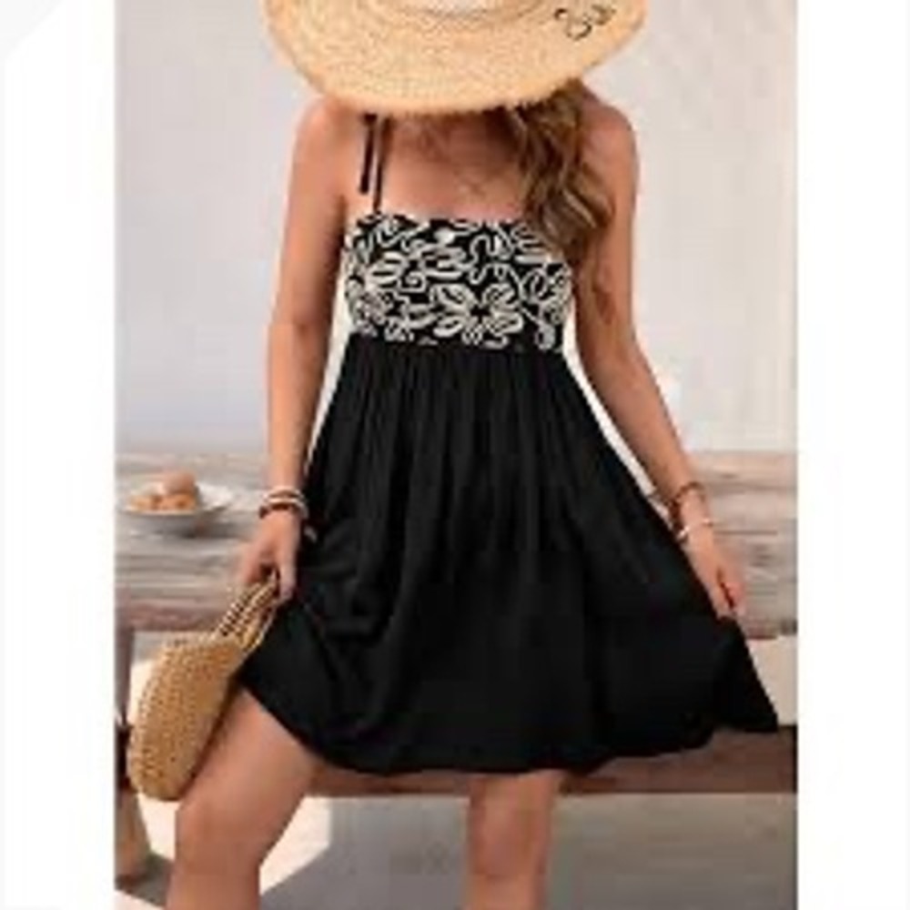 La February Black Embroidered Floral Babydoll Mini Dress Tie Straps Size M
